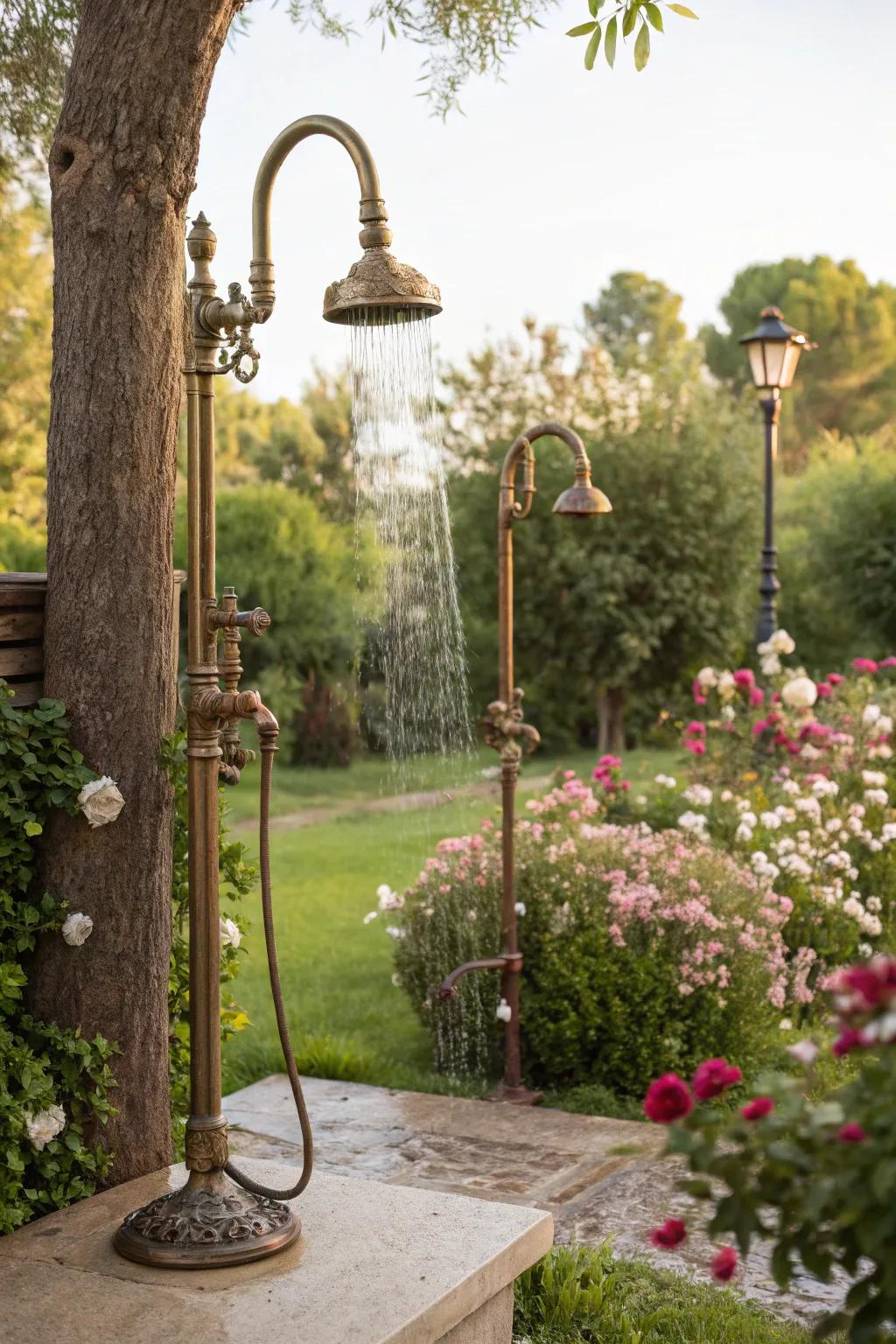 A vintage vibe outdoor rinsing station with timeless fixtures.