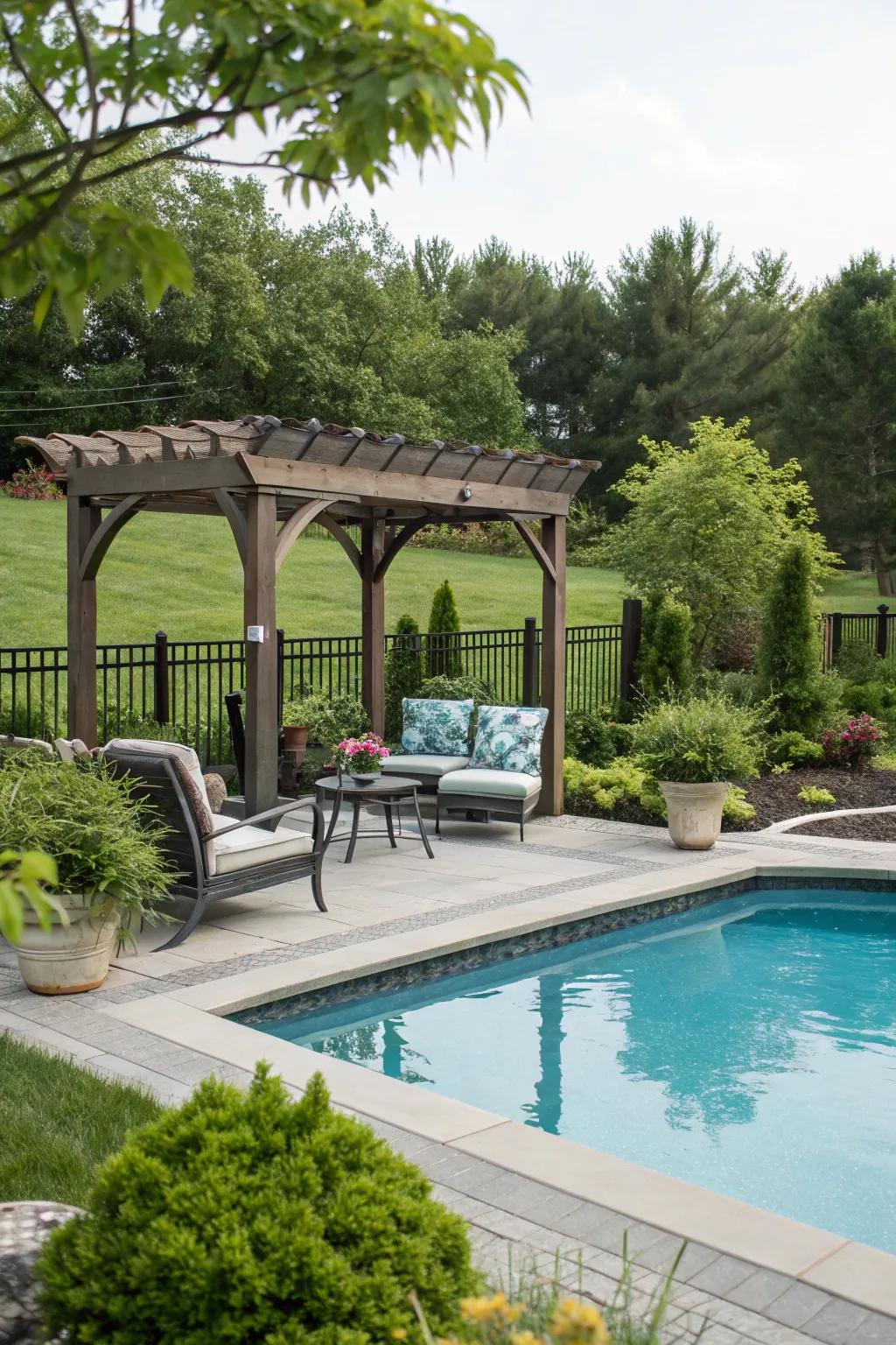 A sun shelter offers a shaded getaway at the pool.