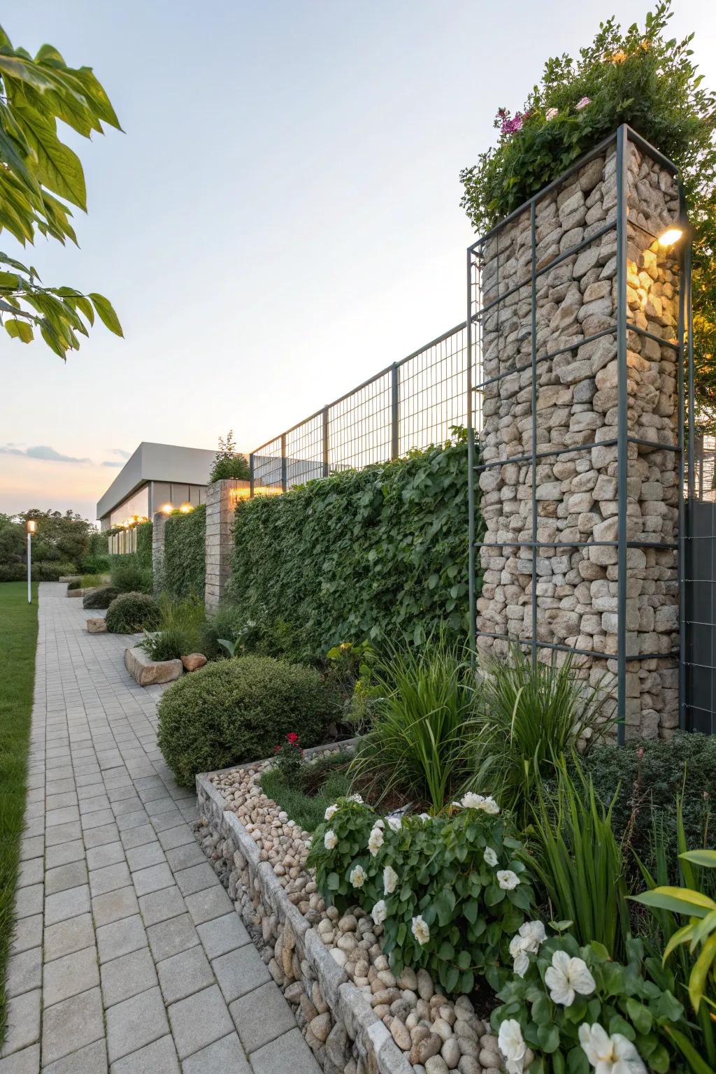 Stone-filled wire structures provide a sturdy and eye-catching privacy solution.