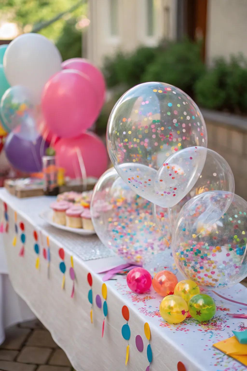 Confetti-populated balloons append a playful surprise.