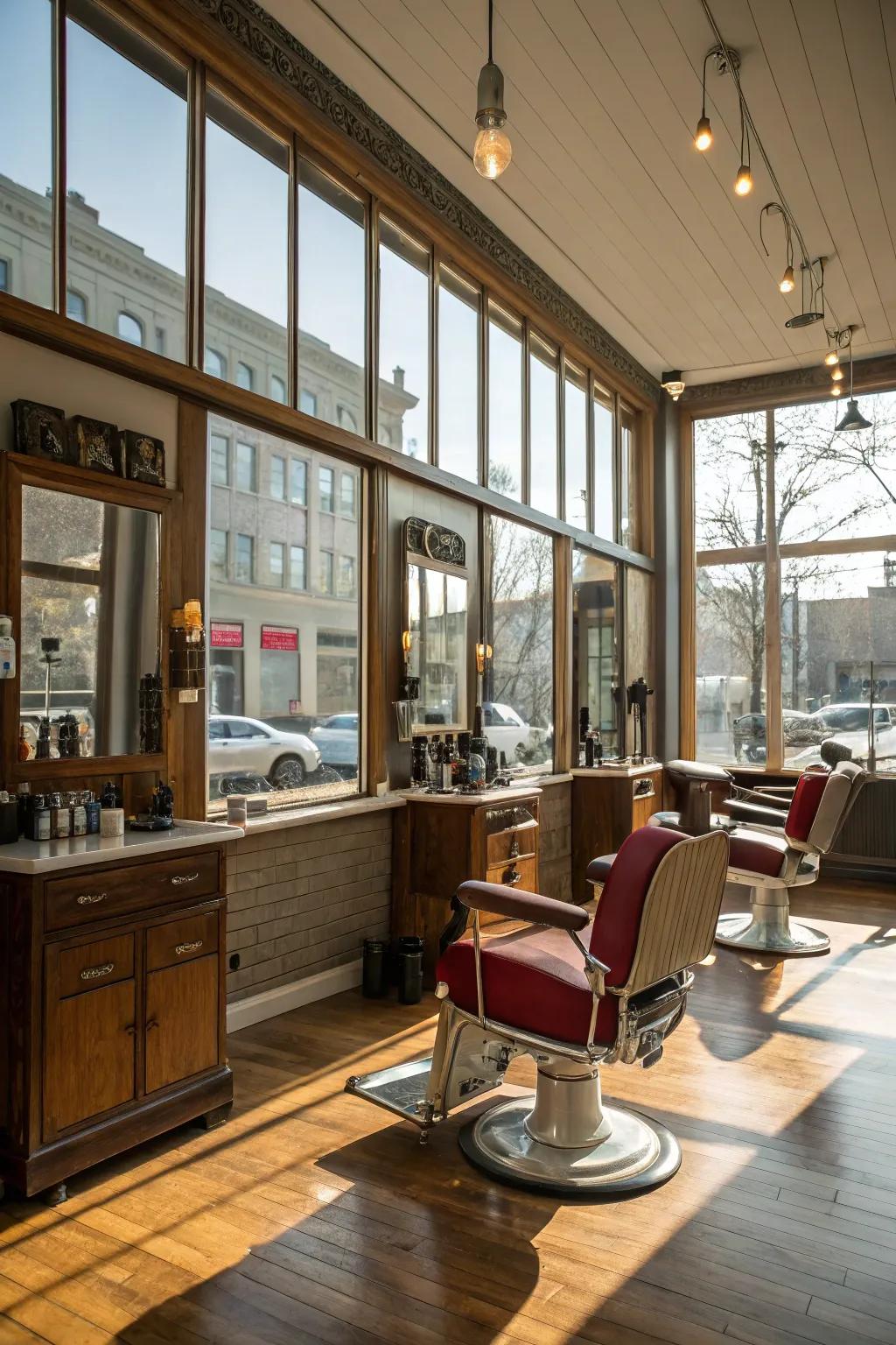 Natural light flooding a barbershop, creating an open and airy atmosphere.