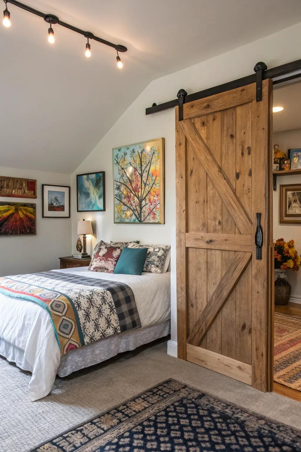 Artwork integrated into the gate introduces a unique and customized element to this bedroom.