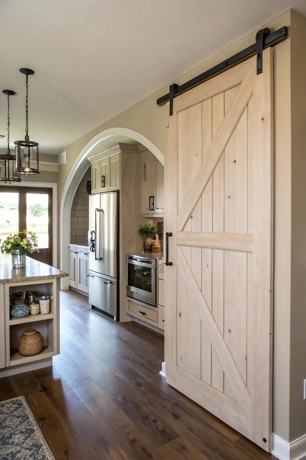 A kitchen showcasing an arched sliding barn door pantry.