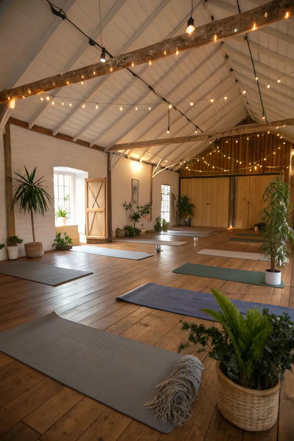 A barn yoga space offers a peaceful space for relaxation and exercise.