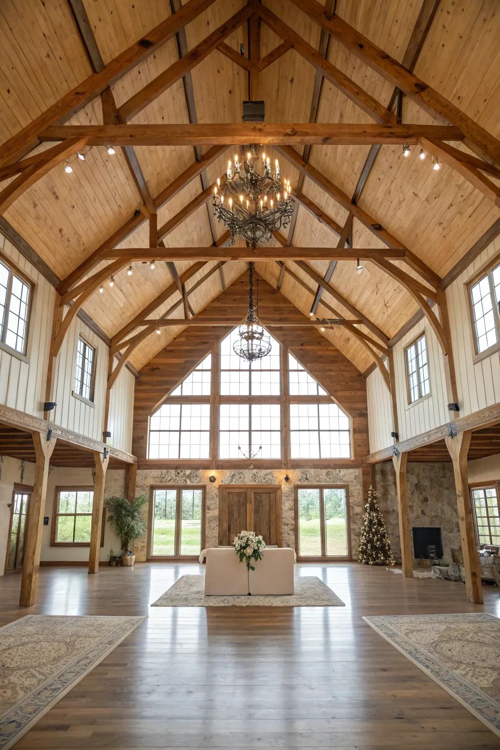 These barndominium's elegant high ceilings exude grandeur.