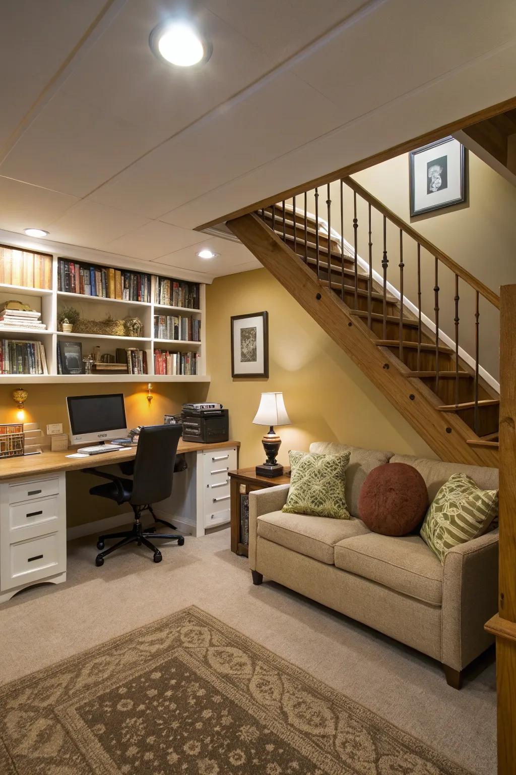 An office corner beneath the staircase maximizes space use efficiently.