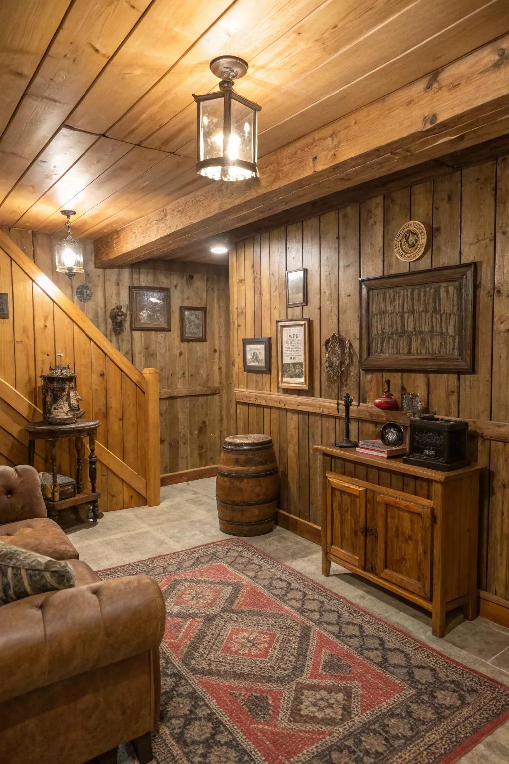 Reclaimed wood boards give basements character and are environmentally friendly.