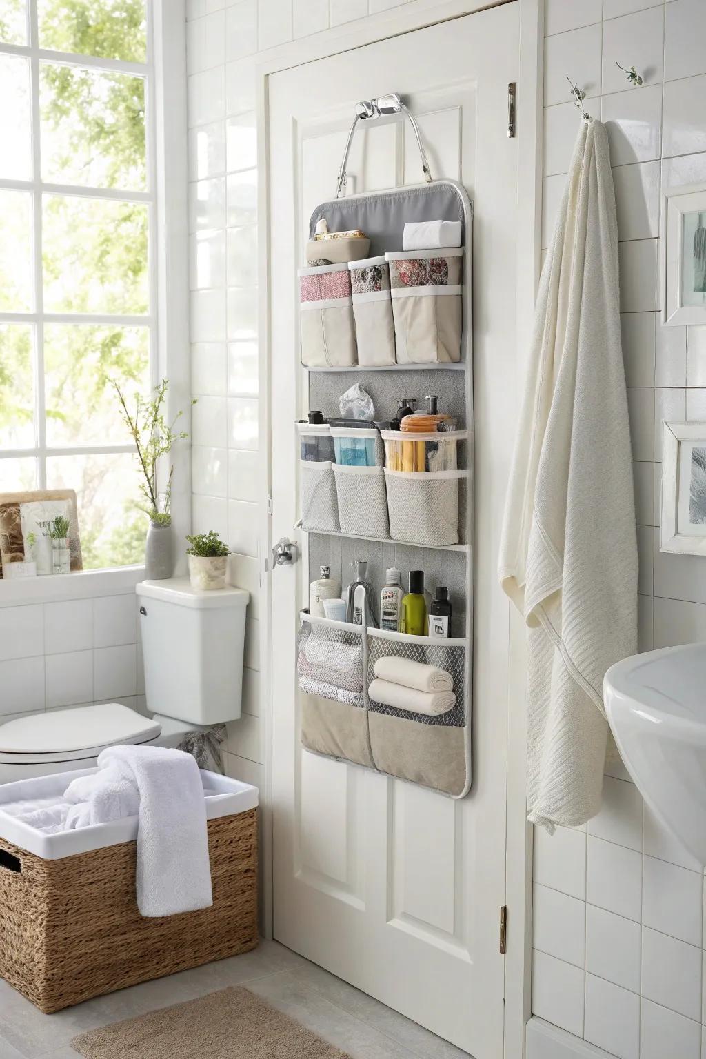 Over-the-door organizer maximizing unused area in the bathroom.