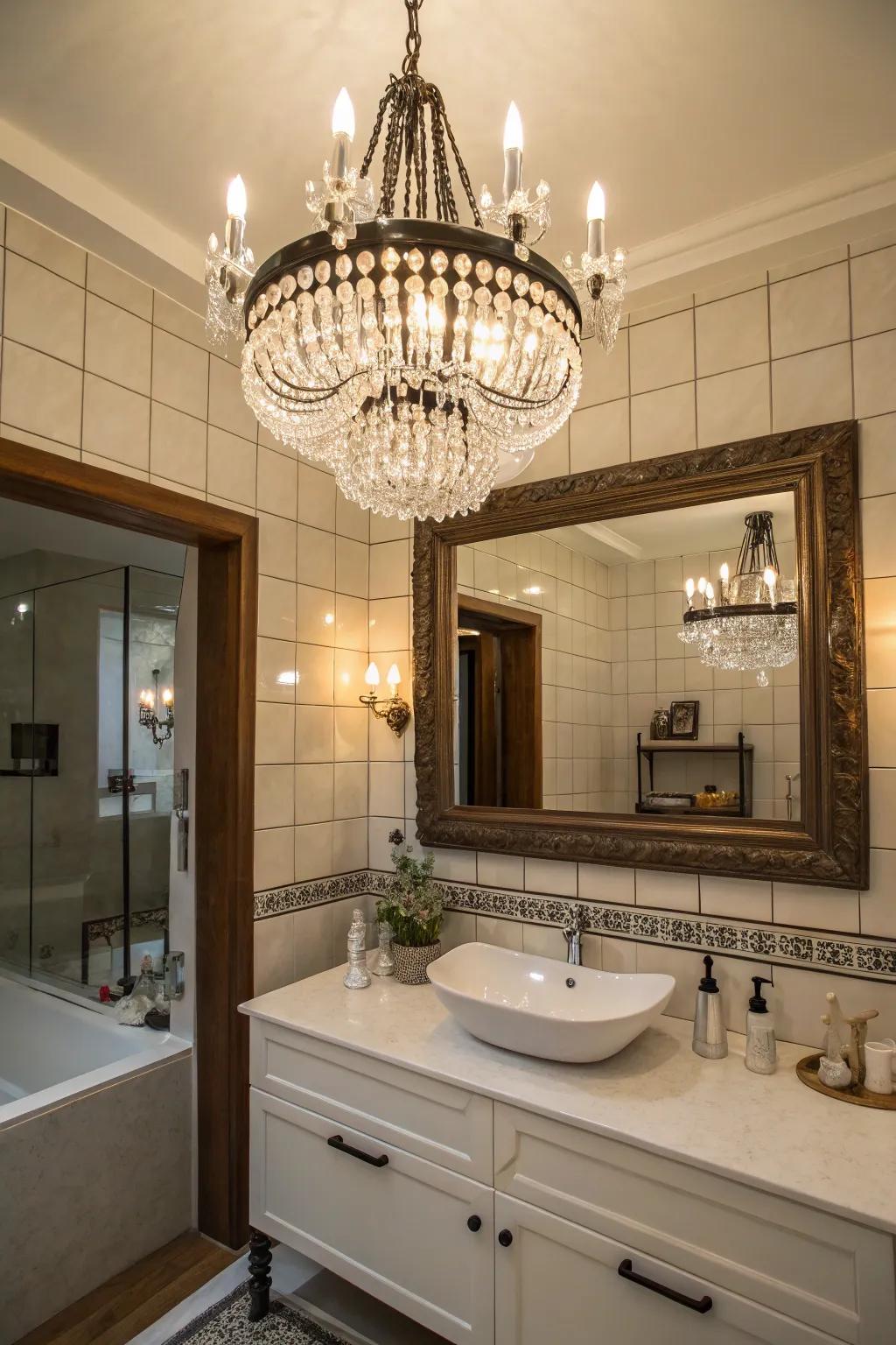 A bathroom with an ornamental chandelier that adds elegance.