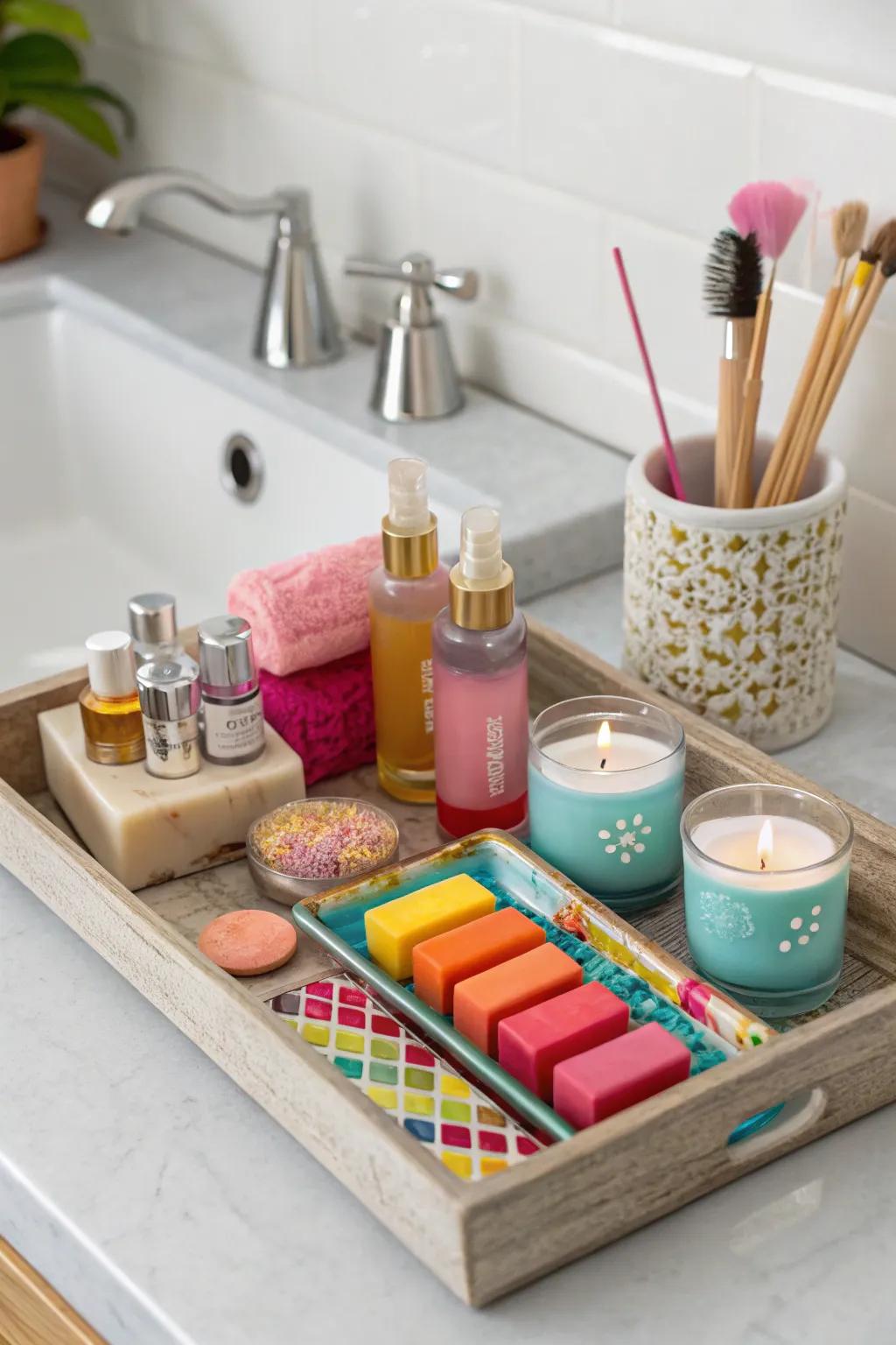A burst of color can brighten a plain bathroom setting.