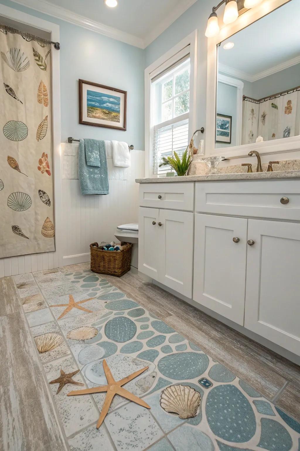 Coastal-inspired floor covering creates a breezy, beachy atmosphere in this bathroom.