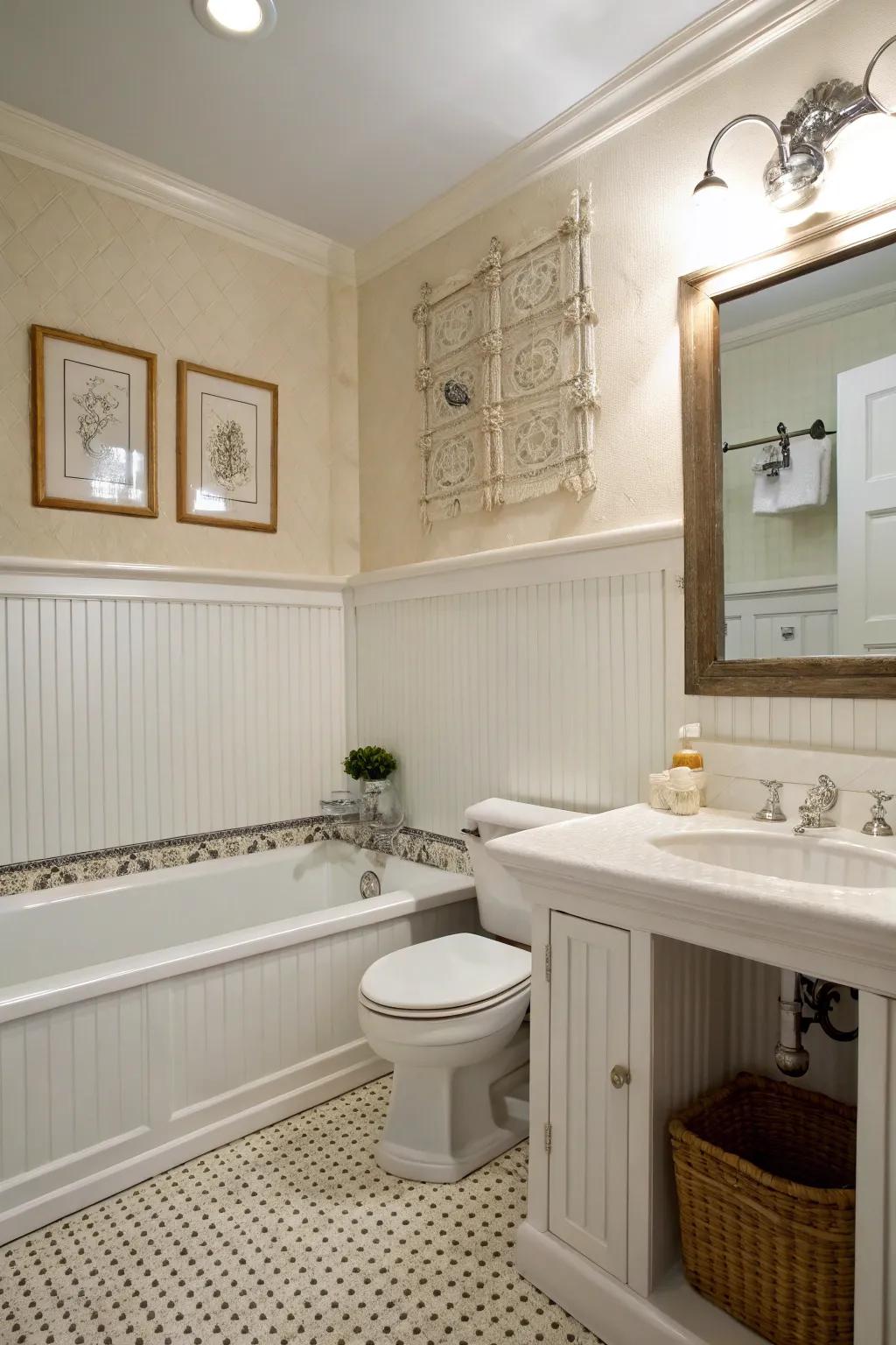 Board and batten and wainscoting contribute traditional charm to restroom walls.