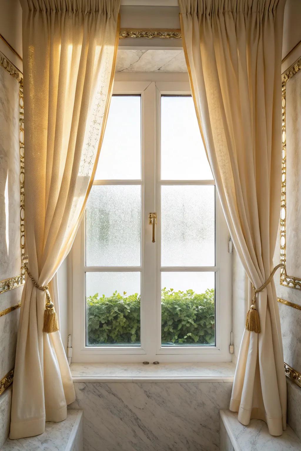 Gentle and placid: Iced glass grants a timeless bathroom privacy element. 🌫️ #TimelessDesign #SoftLight