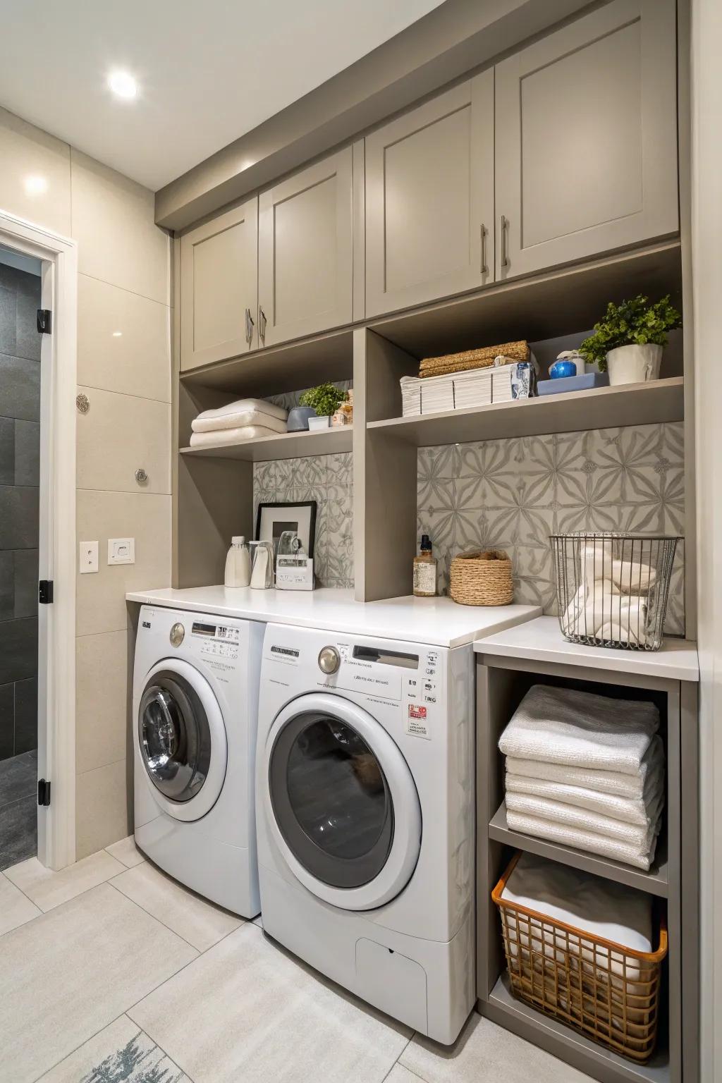A chic laundry corner tucked neatly into a bathroom.