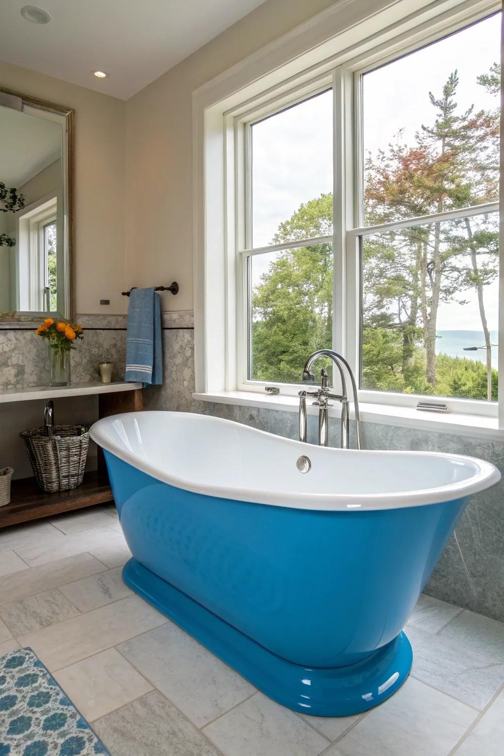 A bright azure bathtub makes a striking proclamation in this bathroom.