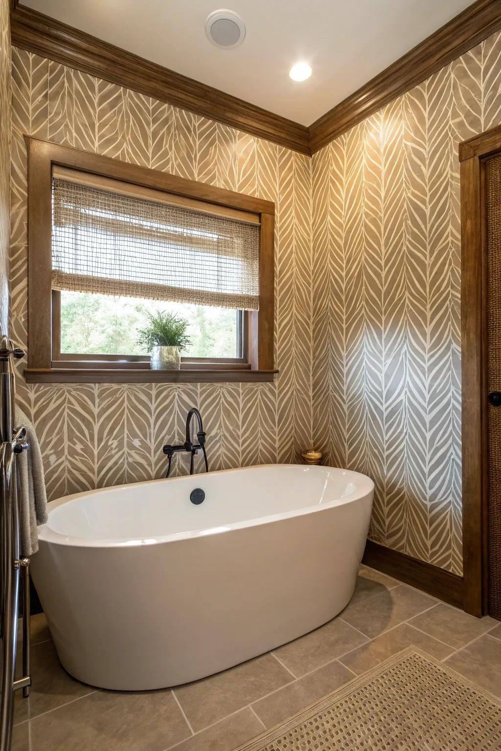 Textured wallpapers enhance your bathtub area with depth and style.