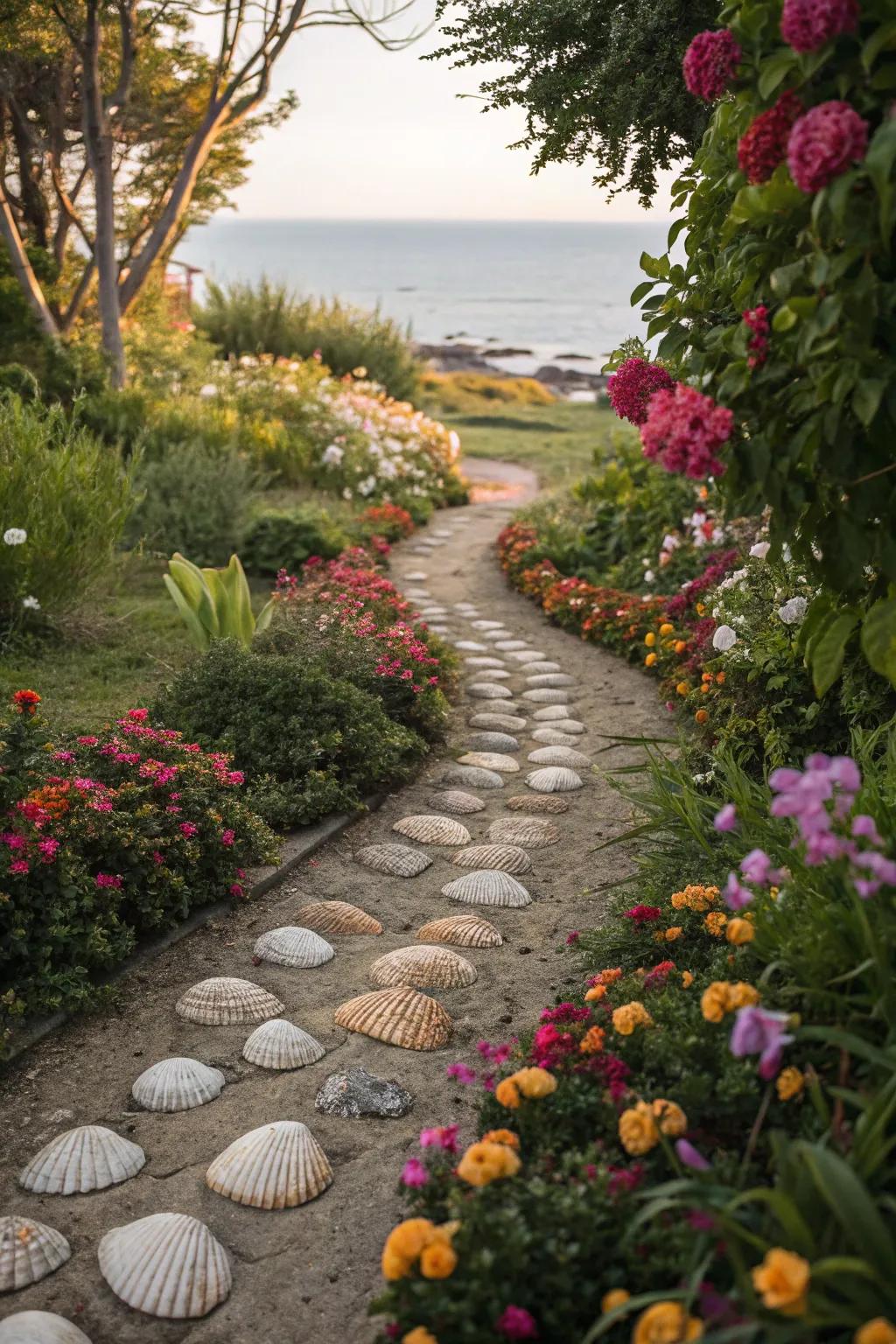 A seashell path offers a whimsical and tactile experience.