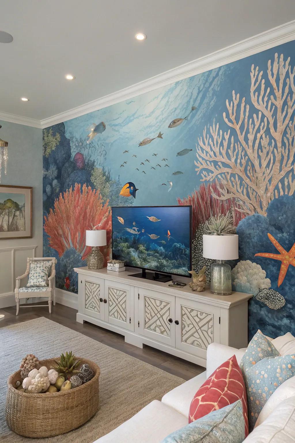 Welcome ocean life indoors with vibrant coral reef-themed wallpaper.