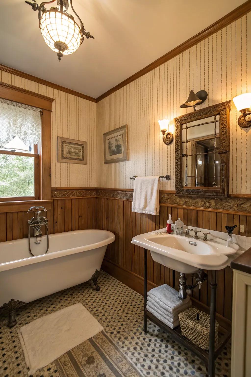 Decorative panels and retro fixtures evoke classic charm.