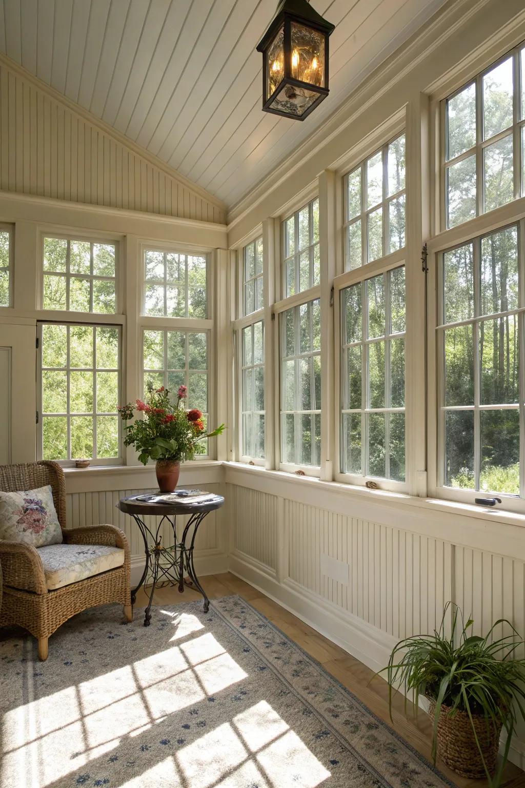 A serene sunroom hideaway with planking walls.