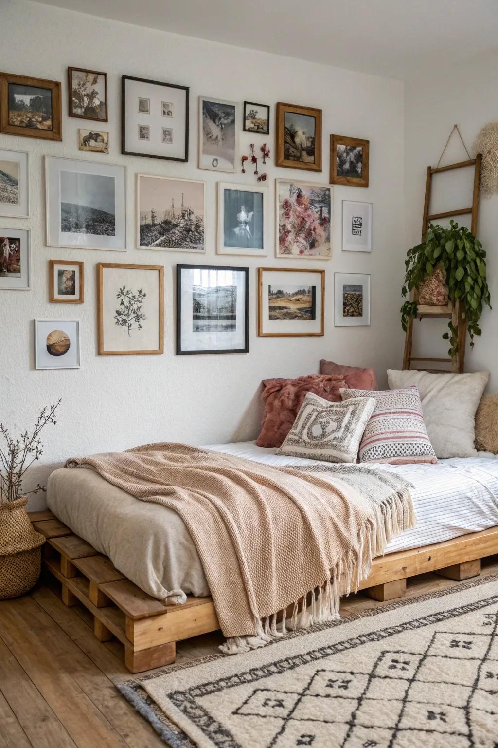 Showcase your style through an art display enveloping your floor bed.