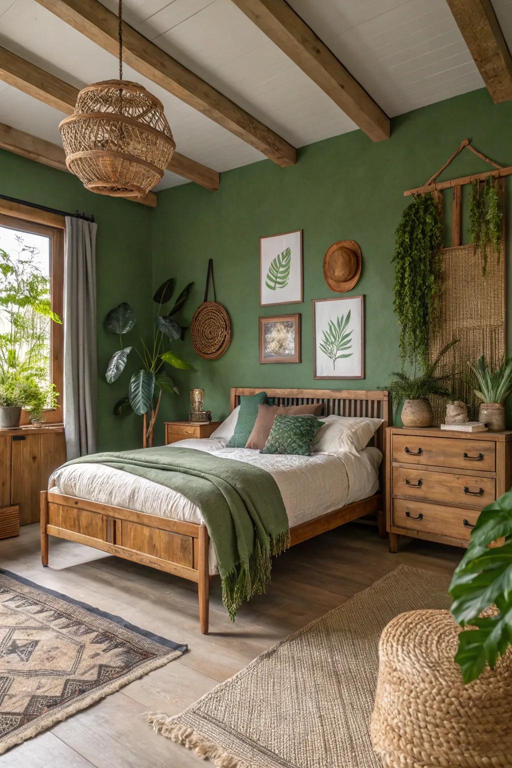 Natural greens establish a tranquil and organic bedroom ambiance.