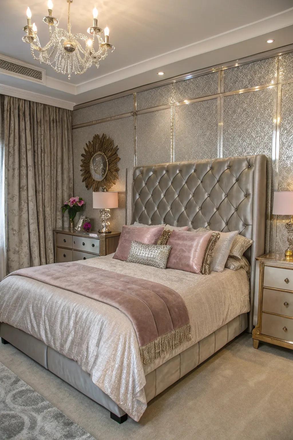 Fancy metal flashes and plush cloths add luxe to this classy bedroom.