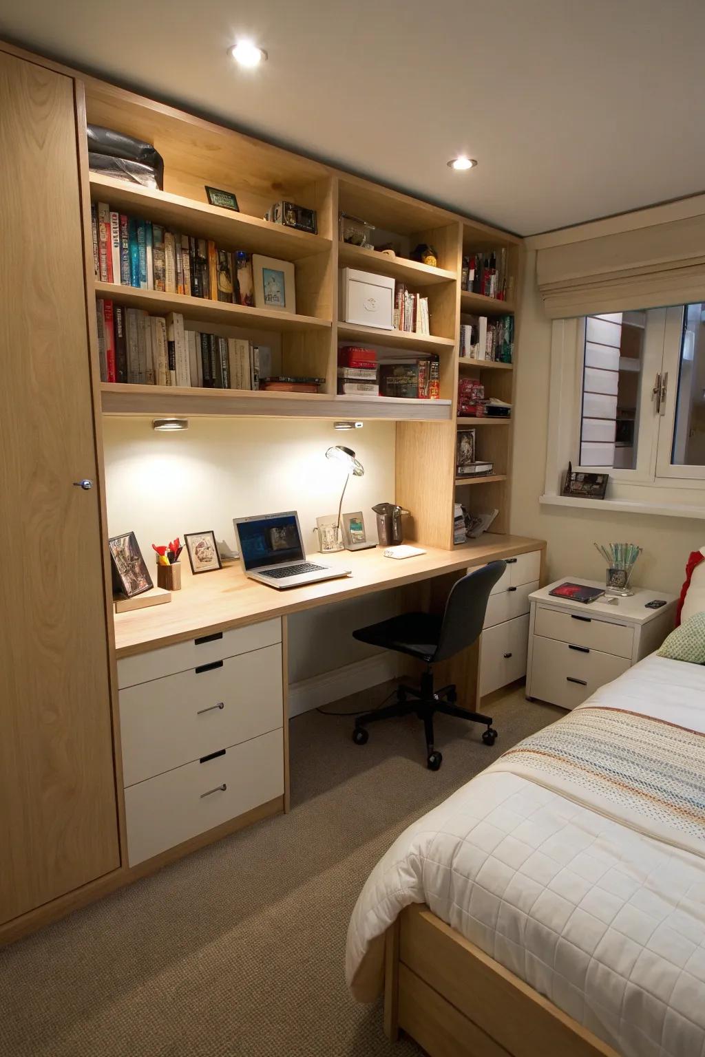 Integrated desk shelving maximizes function in small bedrooms.