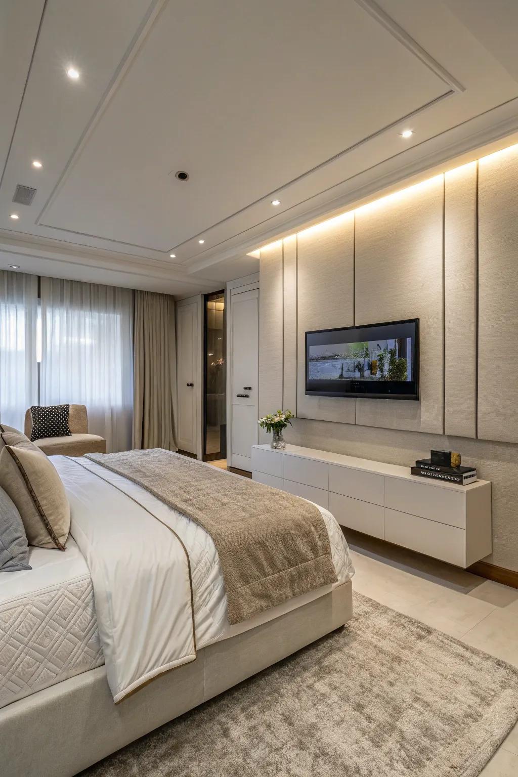 Seamless technology integration maintains the room's aesthetic flow.