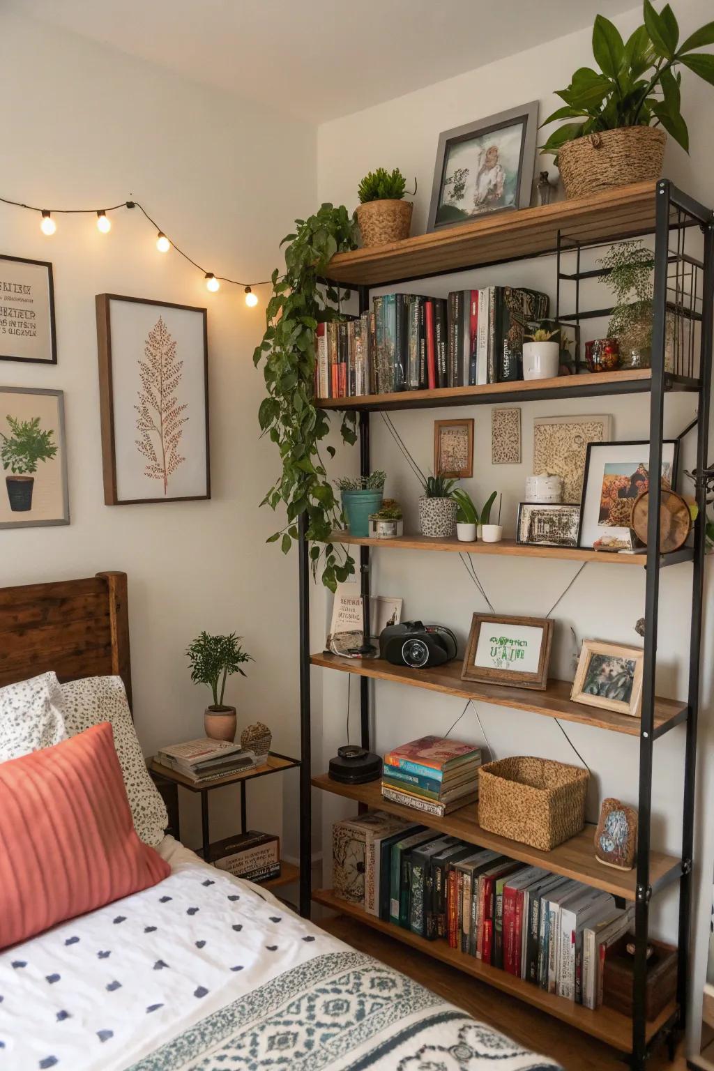 Decorative shelving provides space to exhibit personal items and boosts visual depth.
