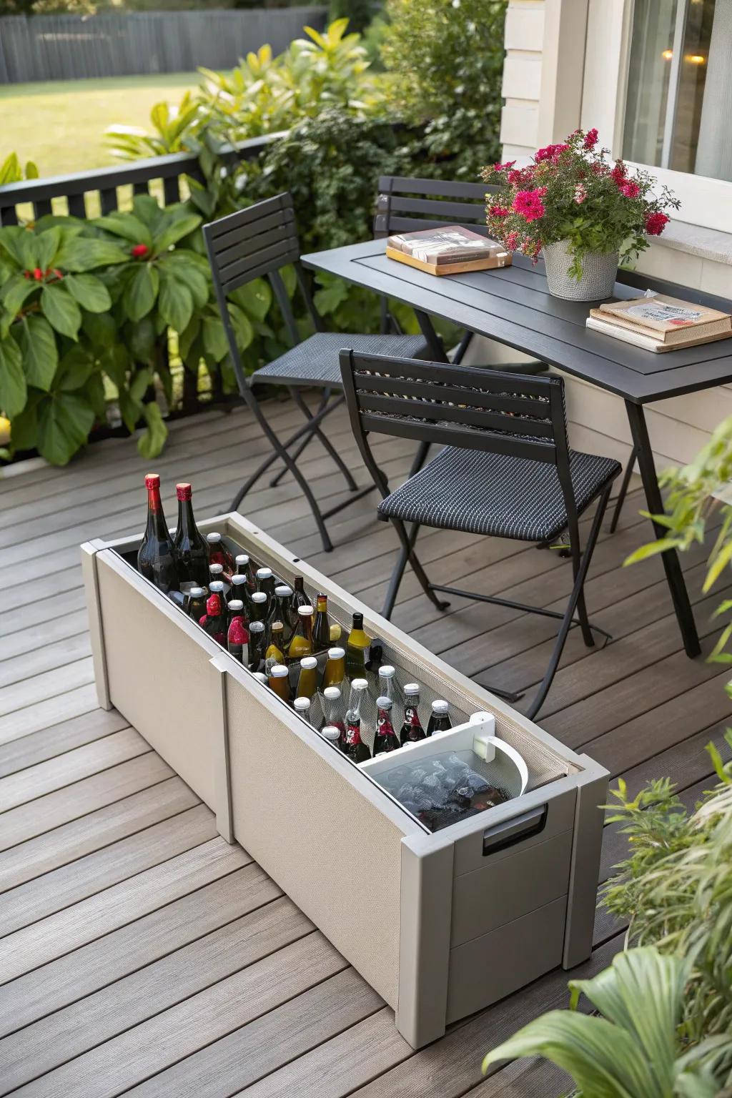 A storage seat on the deck holding brew bottles.