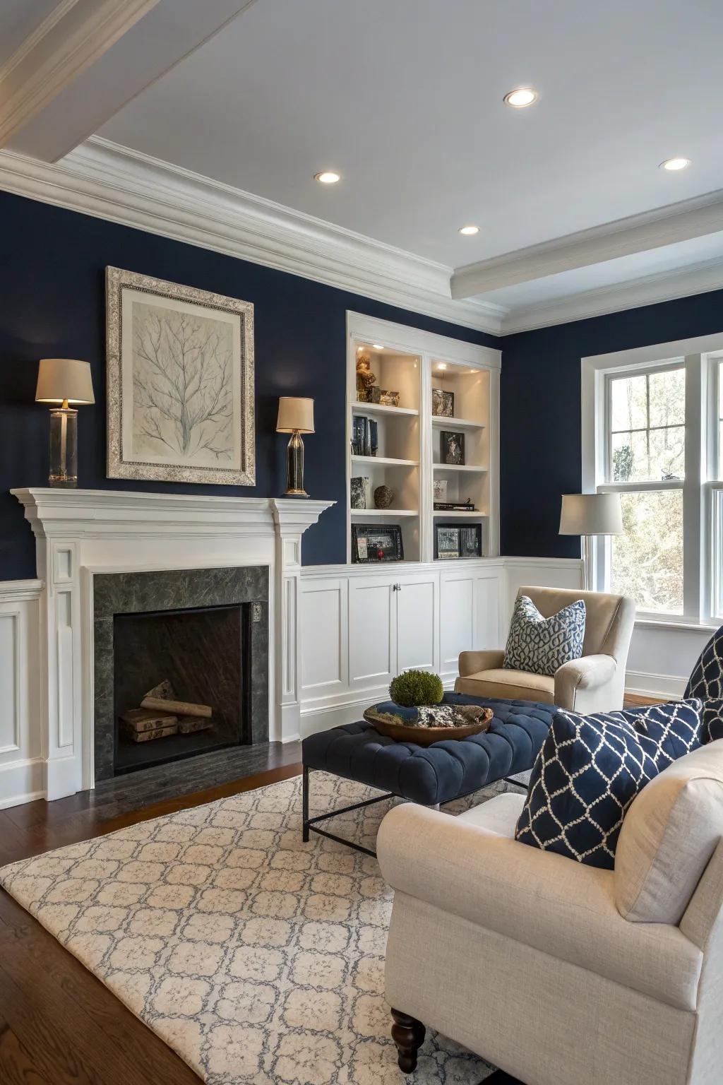 Navy walls impart timeless grace and sophistication.