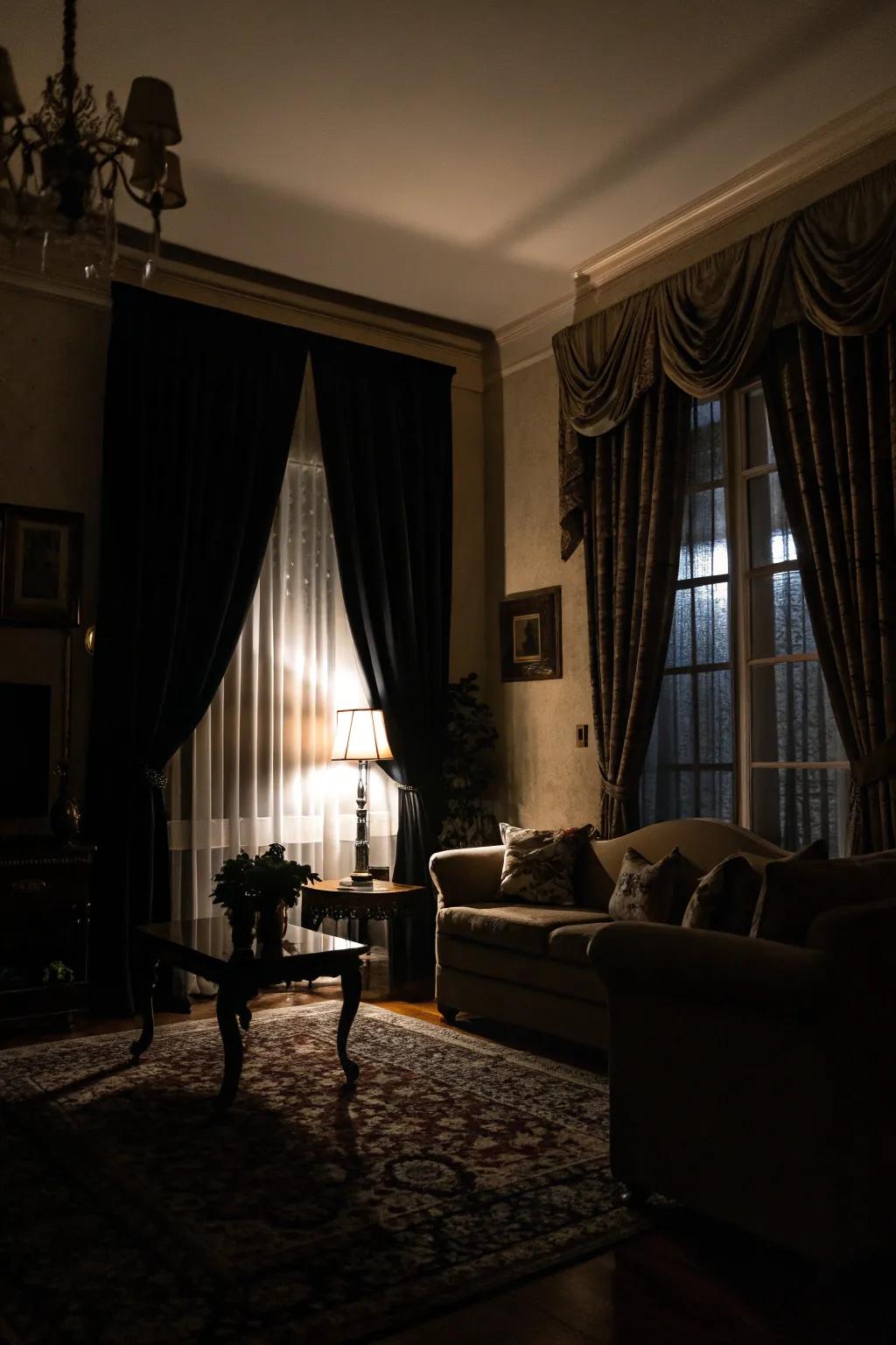 Dark curtains add a touch of drama and intimacy to the space.