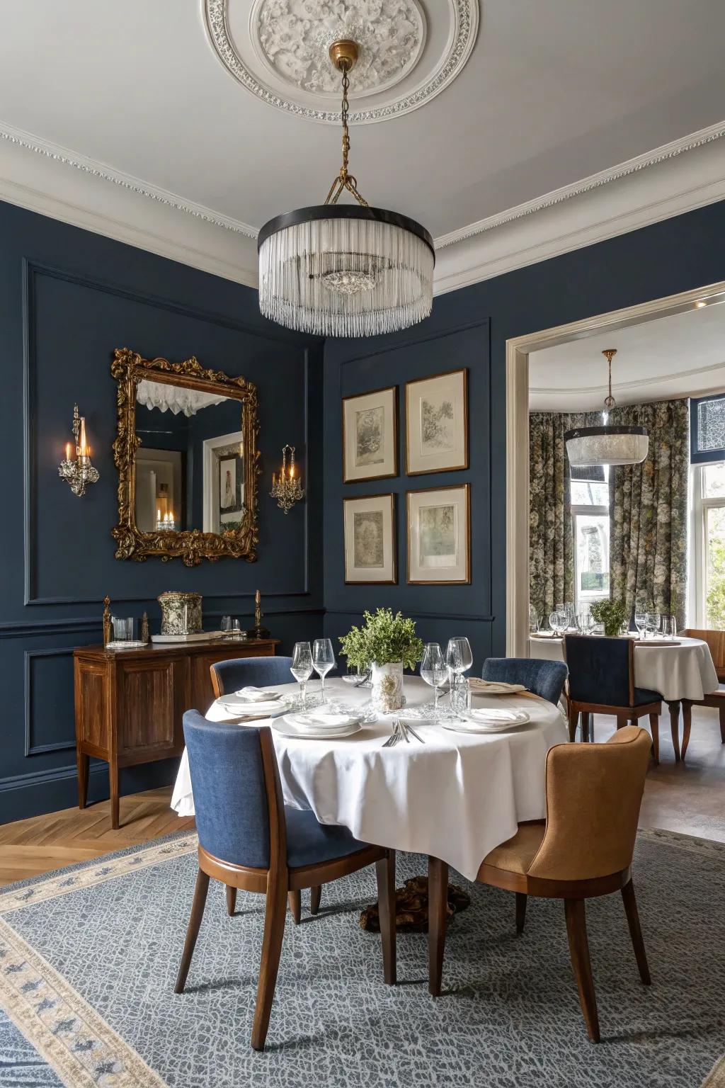 Dark blue gives eating spaces timeless beauty.