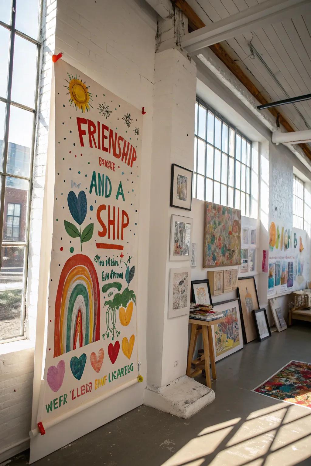 A vibrant hand-painted poster showcases a personal touch in an art studio.