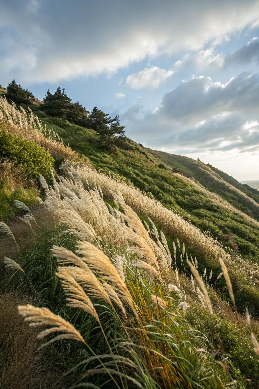 Feathered grasses add movement and texture to slopes.