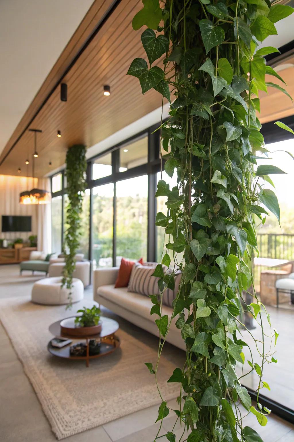 Define spaces with suspended plant partitions.