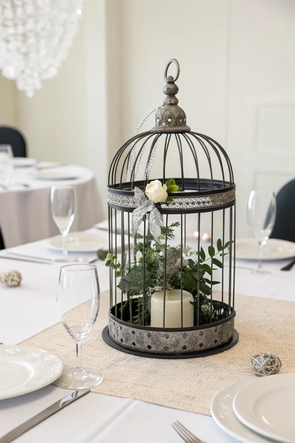 A bold and modern <strong><em>bird enclosure</em></strong> centerpiece boasting a sleek design.” loading=”lazy” class=”pimg”>
	</picture><figcaption>A bold and modern <strong><em>bird enclosure</em></strong> centerpiece boasting a sleek design.</figcaption></figure>
<p>Aim for a <strong>contemporary look</strong> by using a sleek <strong><em>bird enclosure</em></strong> and monochromatic decorations. I find that black and white, enhanced with metallic details, creates an impressive centerpiece.</p>
<h3>Check if these fit your needs:</h3>
<ul class=