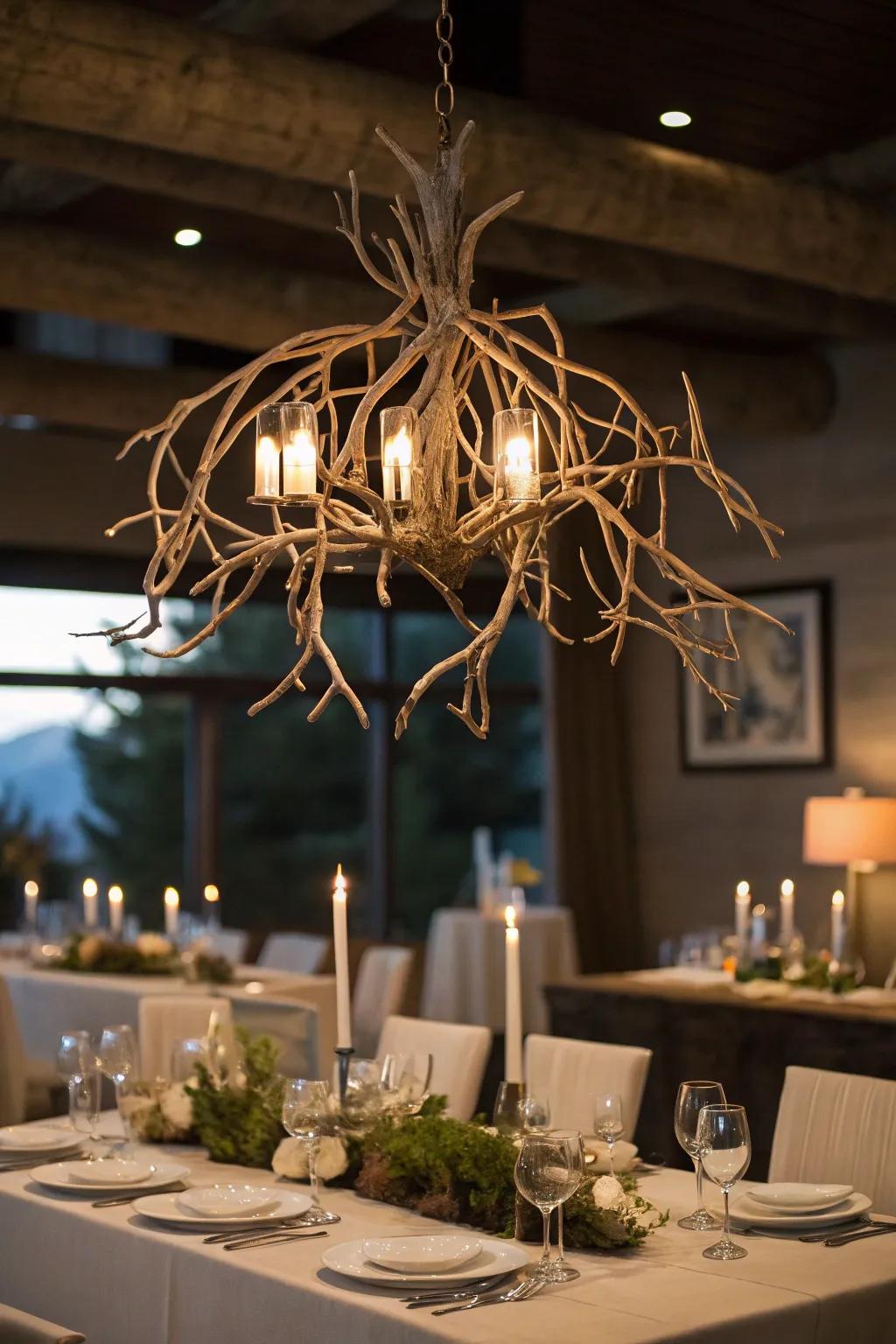 A suspended limb fixture incorporates drama and refinement overhead.
