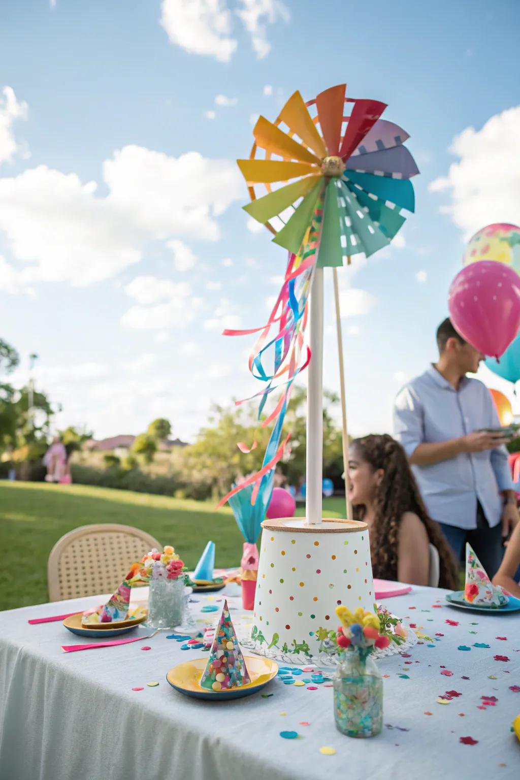 Quirky wind rotators add a playful flair to any party setting.