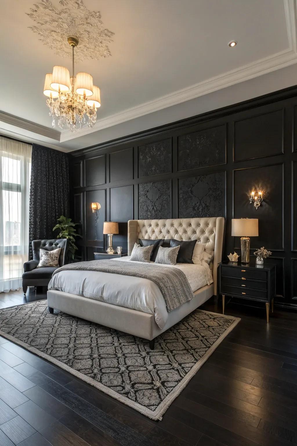 Dark flooring enhances the drama of a black accent wall in this bedroom.