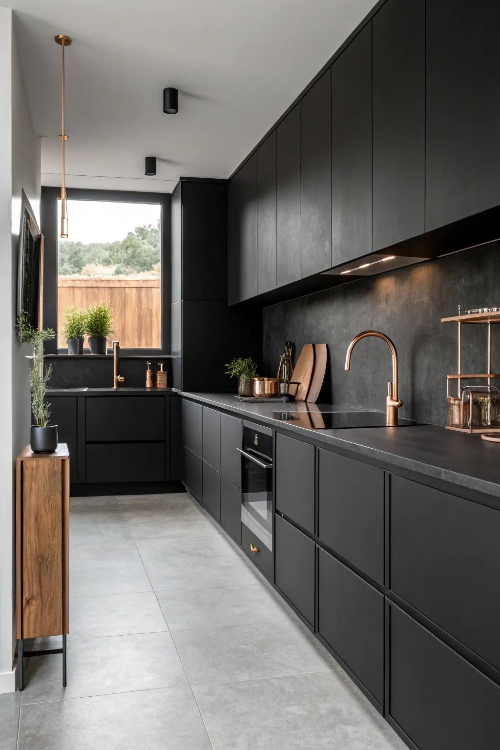 Minimalist design with copper accents creates a sleek, current kitchen.