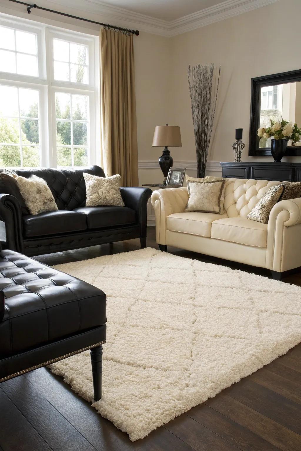 A soft cream rug adds warmth and comfort to the elegant living room.