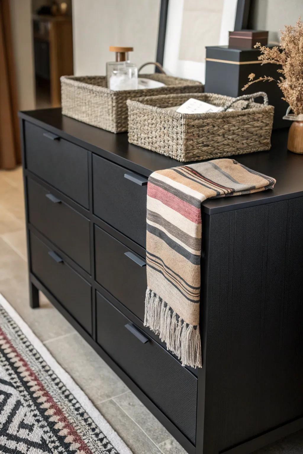 An ebony chest decorated with rich fabrics for visual charm.