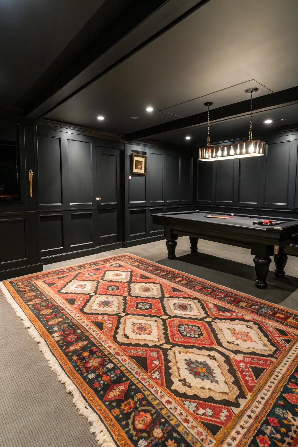 Patterned rugs add texture and help define different zones in the room.