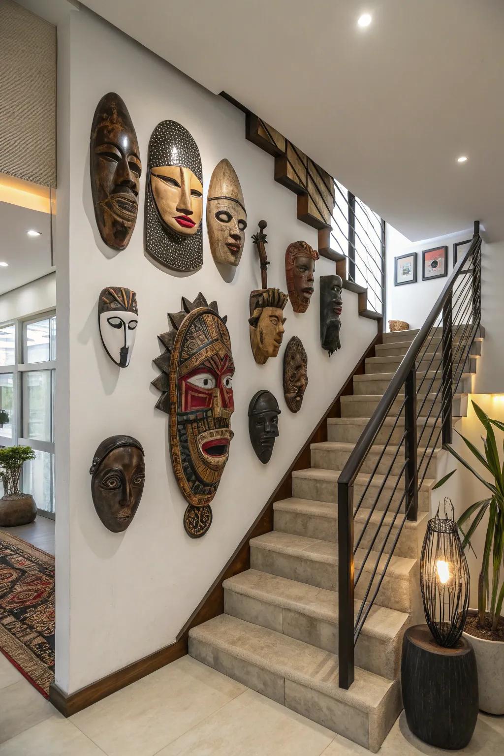 A set of African masks transforms walls into cultural displays.