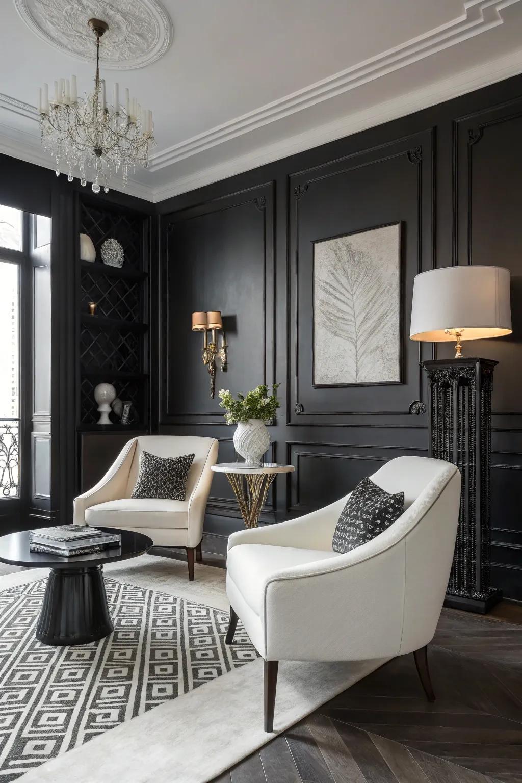 Striking monochrome palette in a dark and alabaster room.