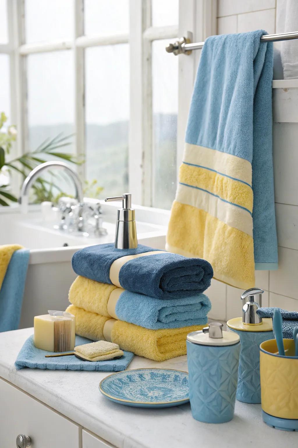 A bathroom enriched with azure and gold linens, creating a spa-like environment.