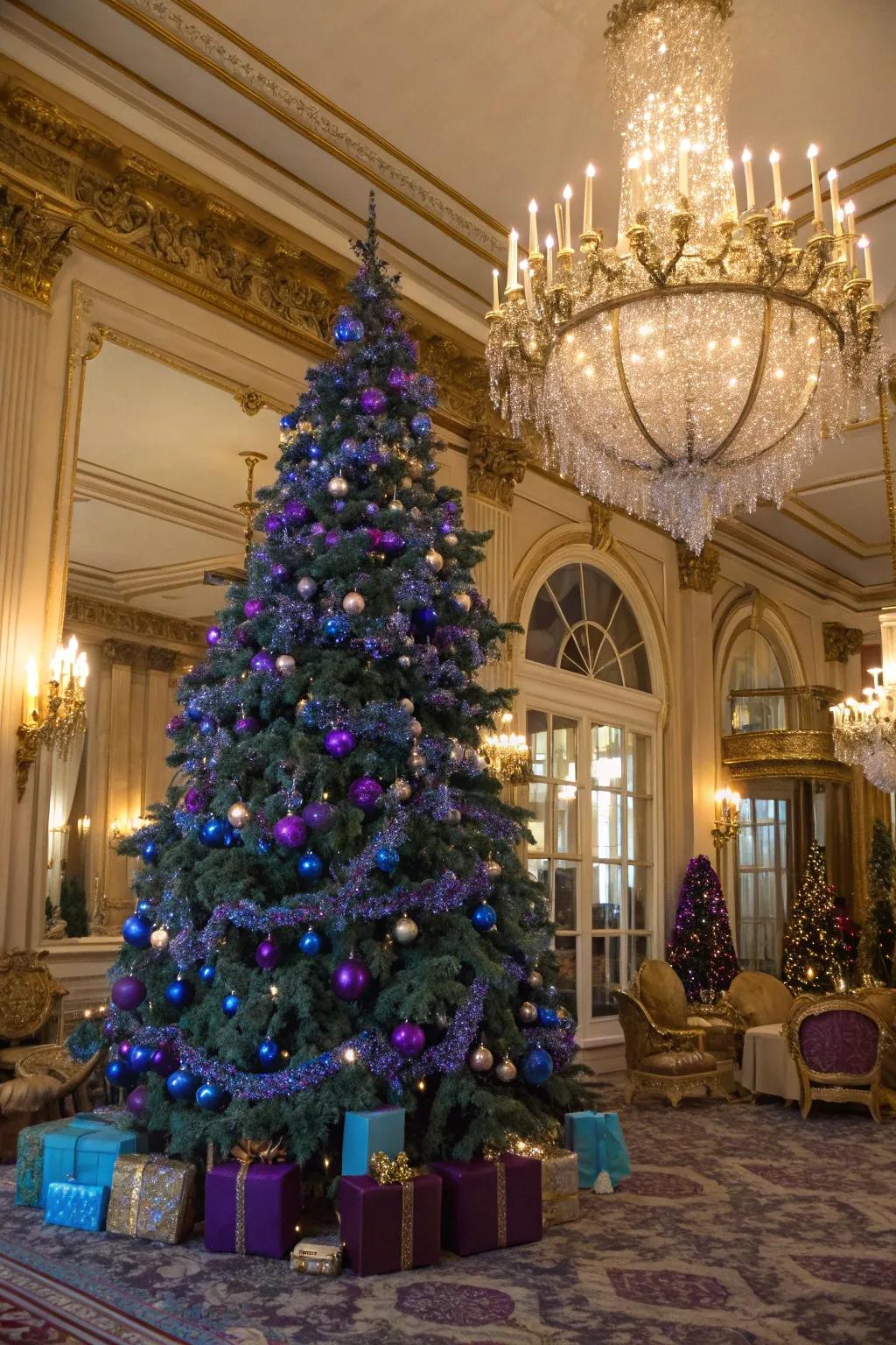 A royal and luxurious blue and amethyst Christmas tree.