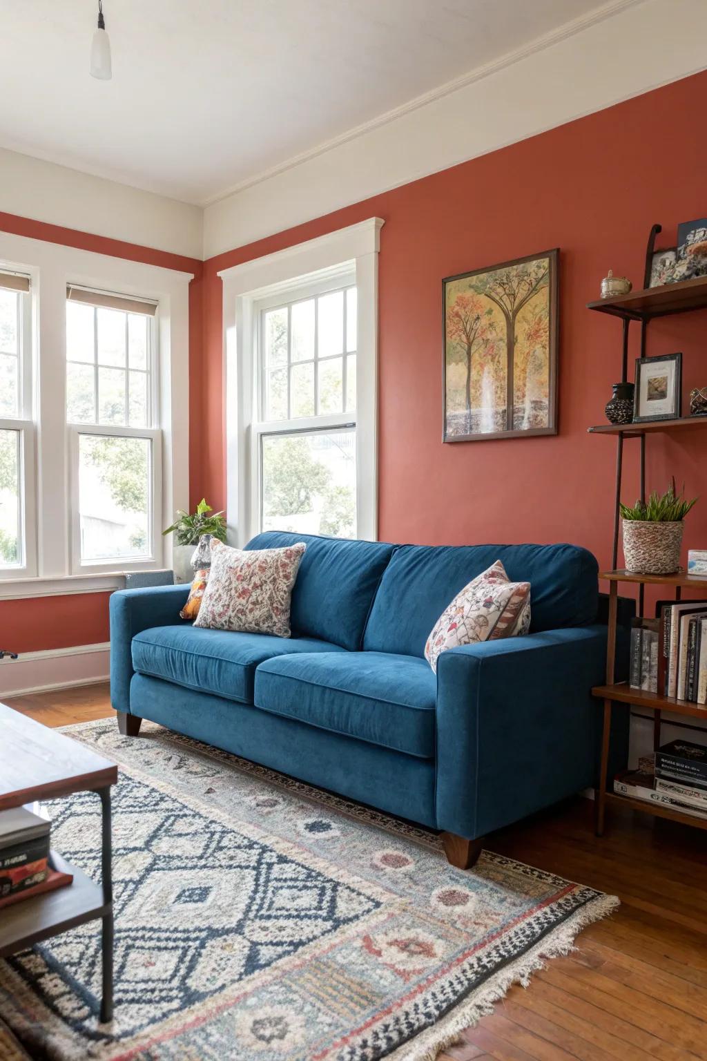 A vibrant accent wall dramatically highlights the cerulean sofa.